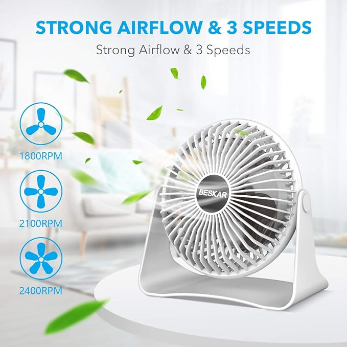 BESKAR USB Small Desk Fan, Portable Table Fans with 3 Speeds Strong Airflow | Quiet Operation and 360°Rotate, Personal Cooling Fan for Home, Office, Bedroom, 3.9 ft Cord