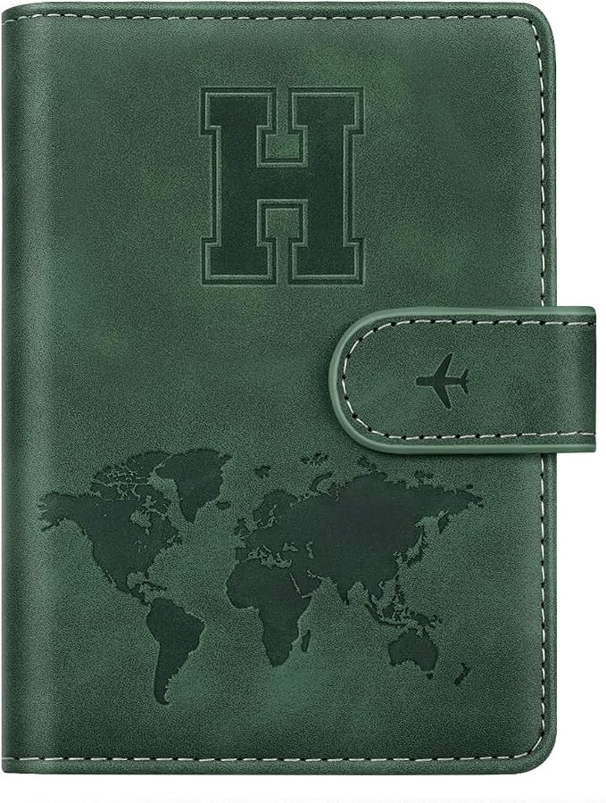 Passport Holder Wallet Cover Personalized Initial Travel Essentials | Embossed Letter A-Z Design, Travel Wallets, RFID Blocking, Passport Book Holders, Women and Men, Personalized Gifts, Green-H