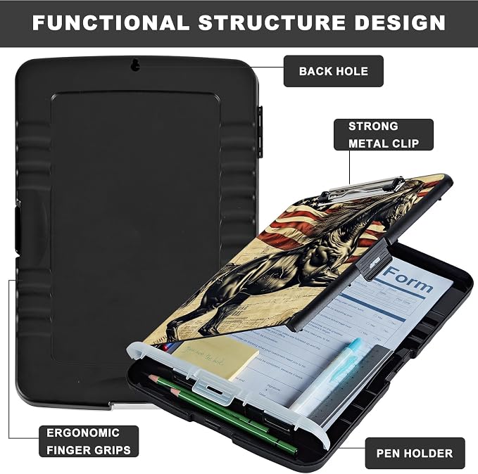 Clipboard with Storage,Storage Clipboard with Pen Holder,Heavy Duty Plastic Storage Clipboard with Low Profile Clip,Teacher Must Haves,Clipboard Folder,Office Supplies,Horse and American Flag