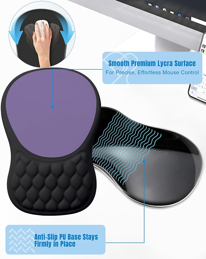 Ergonomic Mouse Pad with Sloped Memory Foam Wrist Rest, Black&Purple | 3D Textured Wrist Cushion, Smooth Lycra Surface, Non-Slip PU Base, Comfortable Support for Office/Home Computer Desks