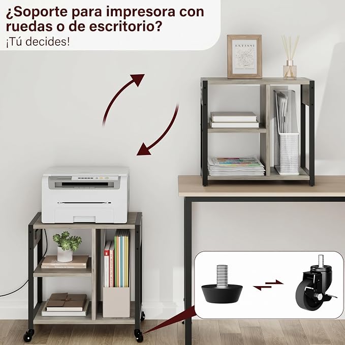 Garvee 3-Tier Printer Stand, Rolling Under Desk Printer Cart with Lockable Wheels, Industrial Mobile Printer Table with Power Outlets, USB Ports & Paper Storage Shelf for Home, Office, Retro Gray