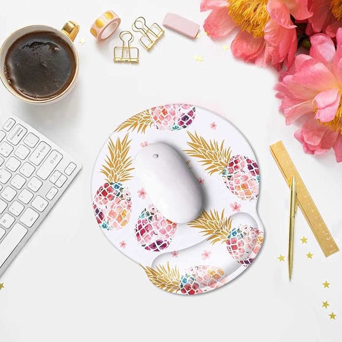 Ergonomic Mouse Pad with Wrist Support, WAVEYU Non-Slip Rubber Base Mousepad for Desk Laptop Gaming Working Computers Laptop Easy Typing & Pain Relief, Pink Pineapple