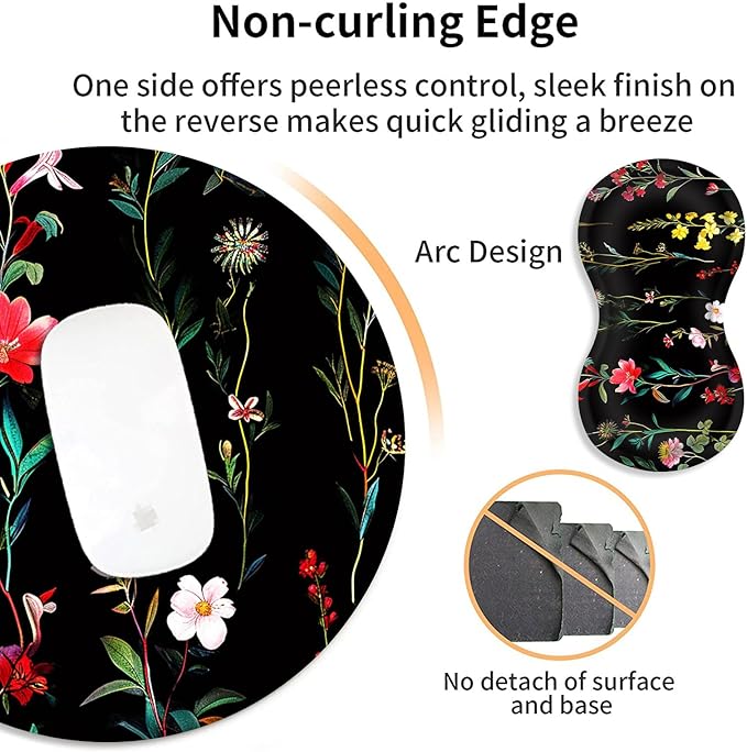Mouse Pad+Mouse Wrist Rest Support Set+Coaster,Memory Foam Ergonomic Easy Typing Pain Relief,Non-Slip Rubber Base Small Mousepad for Computer,Laptop,Home & Office,Garden Flowers