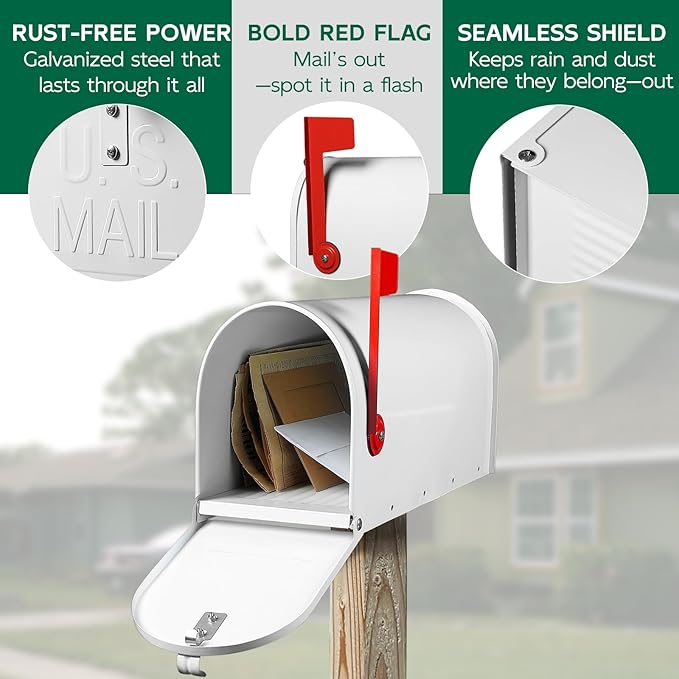 BlissBoard White Mailboxes for Outside Post Mount, Galvanized Steel Metal Mailbox, Standard Size, 20 x 8.7 x 6.7 Inches