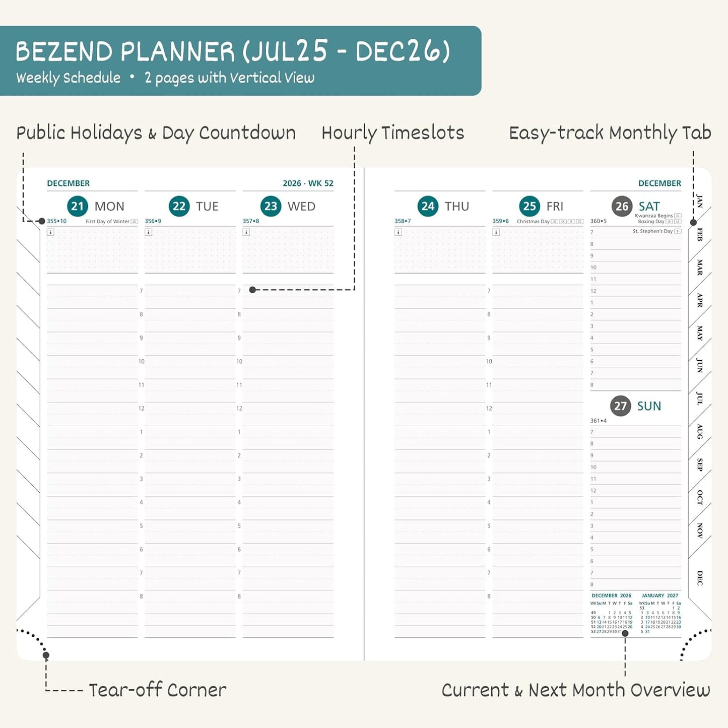 BEZEND Planner 2025-2026 Weekly and Monthly, 8.5" x 11" Academic Calendar (Jul 25-Dec 26) Vertical Daily Appointment with Hourly Timeslot & Monthly Tab, PU Leather Hardcover - Orange
