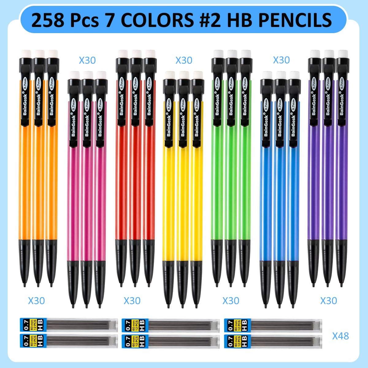 BainGesk Mechanical Pencils, 0.7mm Medium Point, HB #2 Lead, 210 Pack Bulk Mechanical Pencils and 48 Tubes Refills, Assorted Colored Barrels, Office School Supplies