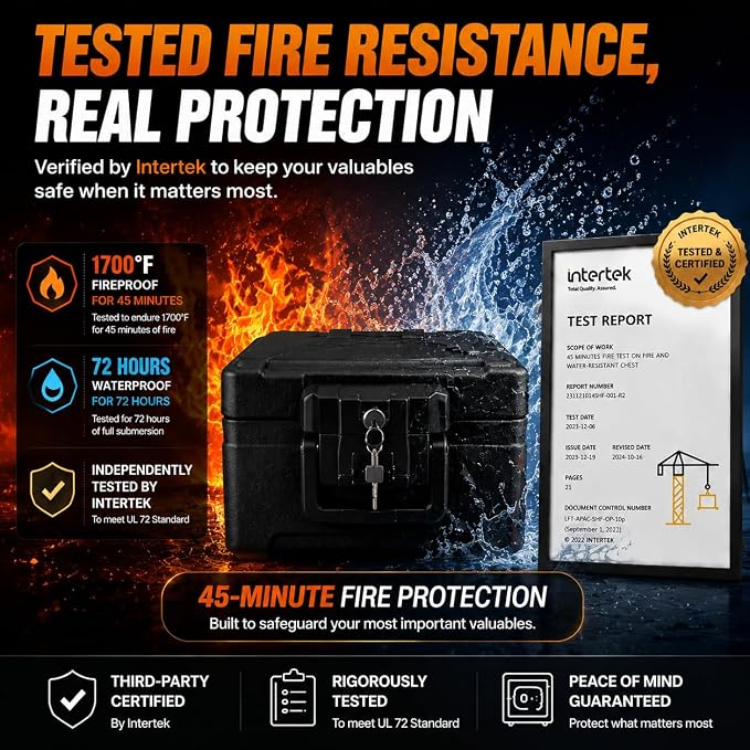 Small Fireproof & Waterproof Safe – Portable Home Document Box, Key Lock, Ergonomic Handle, 1-Hour Fire Protection at 1700°F, 72-Hour Waterproof, Compact Size