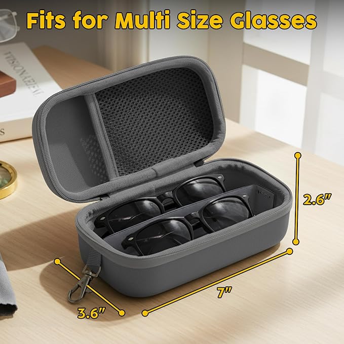 Double Eyeglasses Case,Hard Shell Glasses Case Travel Sunglasses Organizer with Adjustable Slot & Clip for Men Women