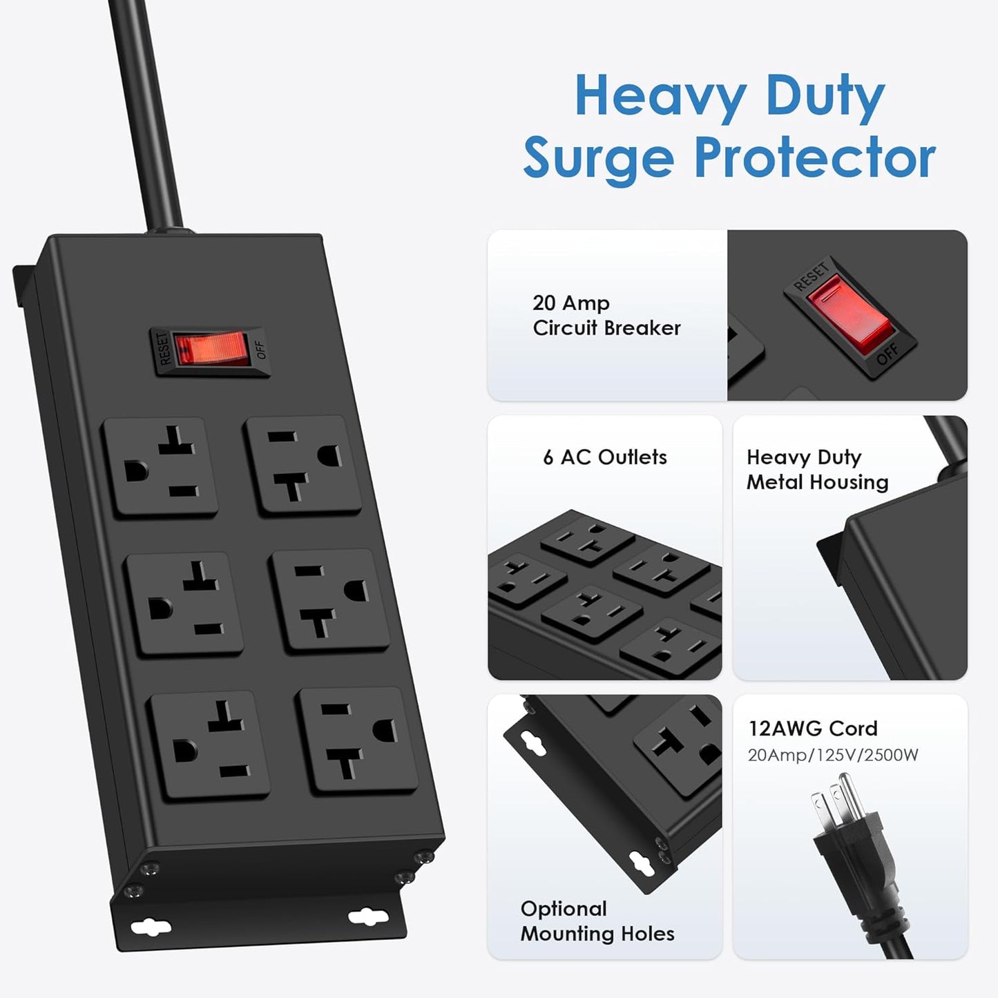 JUNNUJ Heavy Duty 20 Amp Power Strip, Garage 6 Outlets Metal 12 Gauge Surge Protector 3000J, High Amp 5-15P Adapter Shop 6-20R T-Slot Industrial (6AC, 6FT)