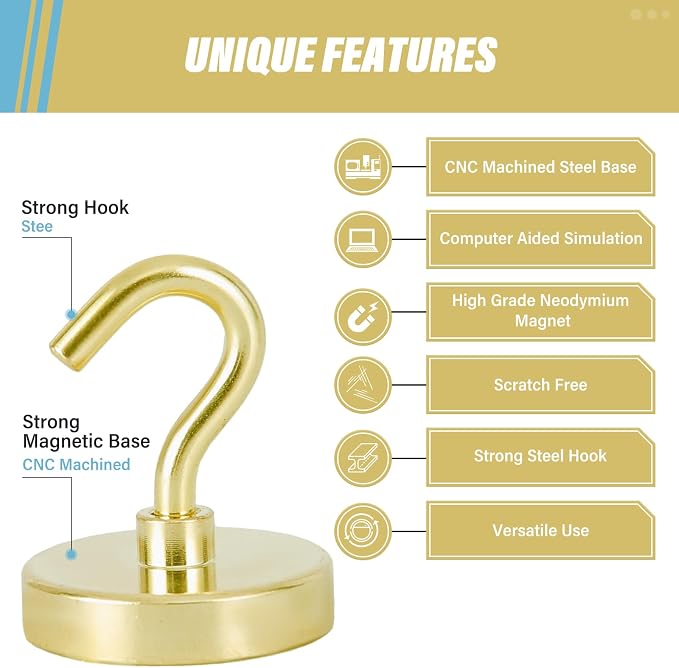 Neosmuk Magnetic Hooks, Heavy Duty 130lb+ Strong Magnet Hook for Cruise Cabins, Cruise Essentials 2026 for Hanging, Metal Wall Refrigerator Hangers (Golden, 10 Pack)