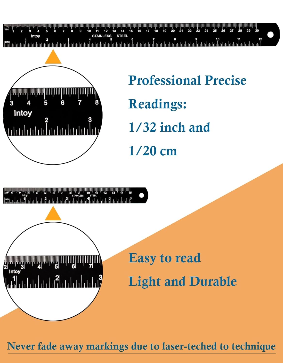 Metal Ruler Kit 12 Inch and 6 Inch, Stainless Steel Rulers with Centimeters, Millimeters, Inches and Conversion Table for Office and School, Easy to Read Metric Rule Set, 2 Pack