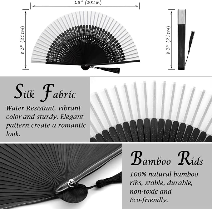 OMyTea Folding Hand Fan for Women - Foldable Chinese Japanese Vintage Bamboo Silk Fan - for Hot Flash, Church, Decoration, EDM, Music Festival, Dance, Party, Performance, Gift (Sexy Black - White)