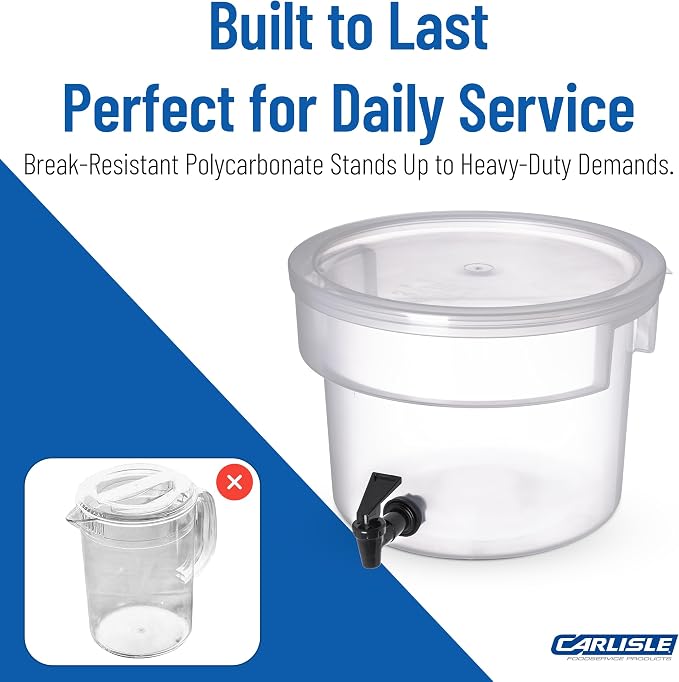 Carlisle FoodService Products Round Beverage Dispenser Drink Dispenser with Spigot for Catering, Plastic, 3 Gallons, Clear