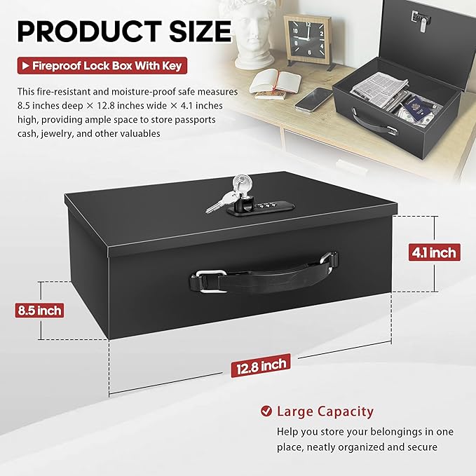YIYITOOLS Fireproof Lock Box with Key and Combination Lock, Fire Safe Document Box, Portable Fireproof Waterproof Safe for Home,Office,Travel, Secure Storage for Documents,Jewelry,Passport,Cash