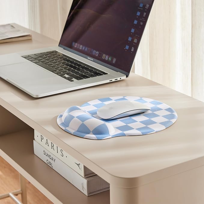 Ohocut Blue Checkered Mouse Pad with Gel Wrist Rest, Wrist Support, Ergonomic Desk Accessories for Women, Office Laptop Gaming Decor, Cute Aesthetic Trendy Check Design