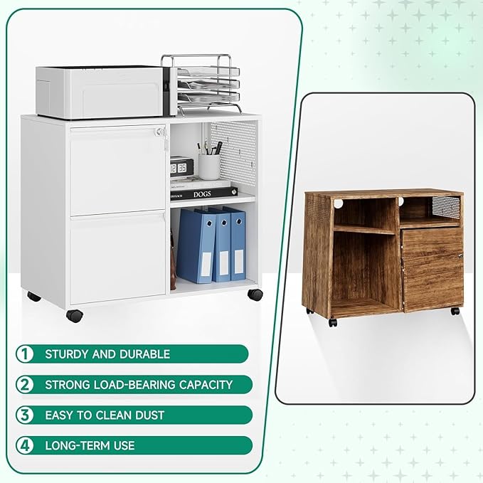 Mobile File Cabinet, Metal Lateral Rolling Printer Stand Filing Cabinets with Shelves for Home Office-Storage A4/F4/Letter (White)