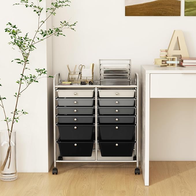 12 Drawer Rolling Storage Cart, Craft Cart Organizer on Wheels w/Metal Frame, Large Capacity & Smooth Drawer, Rolling Cart w/Drawers for Classroom, Office