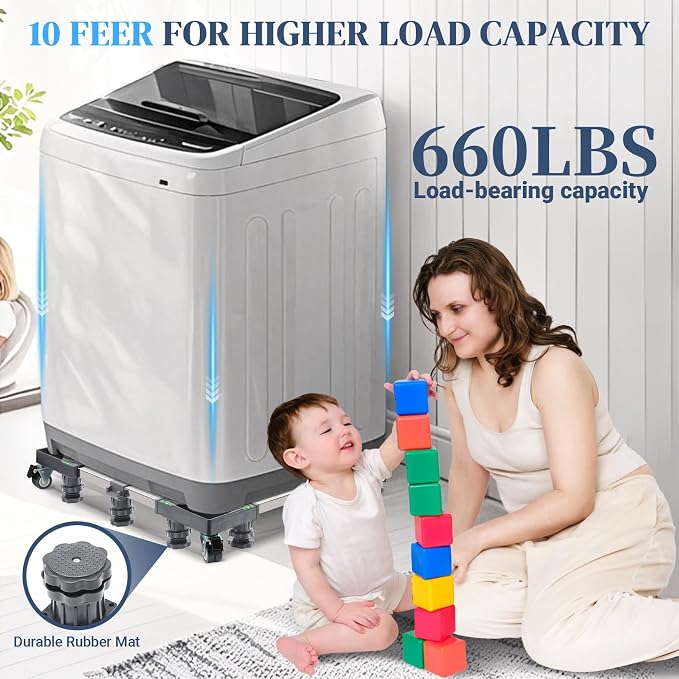 WBD WEIBIDA Upgraded Full-Size Washing Machine Base Stand with 4 Locking Wheels & 10 Strong Feet, 24-31" Fridge Stand Adjustable Flat Dolly Cart Mobile Base for Washer, Dryer, Refrigerator, Furniture