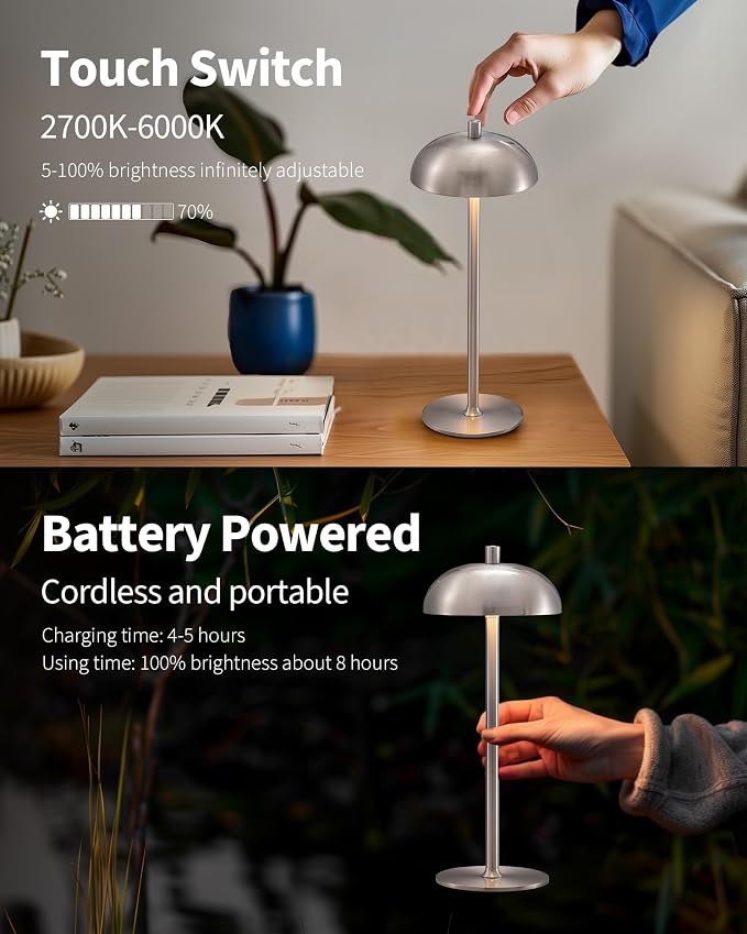 12" Cordless Table Lamps Set of 2, Nickel Modern Portable Desk Lamp | LED, 3 Color Dimming, Rechargeable, Battery Operated Lights for Bedroom, Outdoor, Restaurant, Bedside, Night Light, Gifts