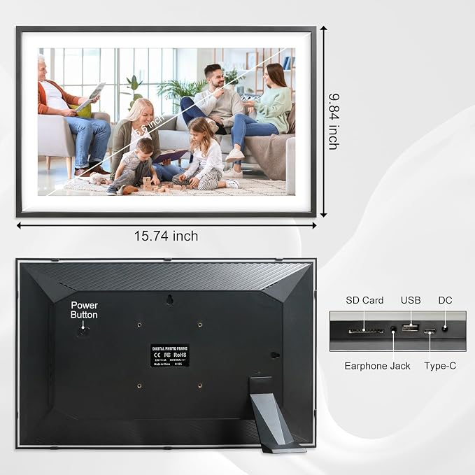 Frameo 15.6 Inch Large Digital Photo Frame, Digital Picture Frame WiFi with 32GB, 1920 * 1080 IPS HD Touch Screen, Electronic Picture Frame IPS Touch Screen， Auto-Rotate, Gifts for Mom, House Warming