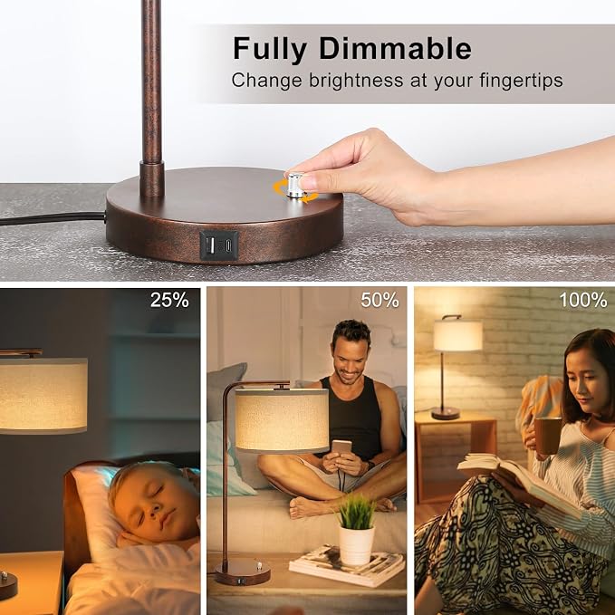 Vintage Table Lamp, Fully Dimmable Bedside Lamp with C+A USB Charging Ports | 25" Farmhouse Bedside Lamp Nightstand Light, Tall Reading Desk Lamp for Living Room Bedroom Office, LED Bulb Included