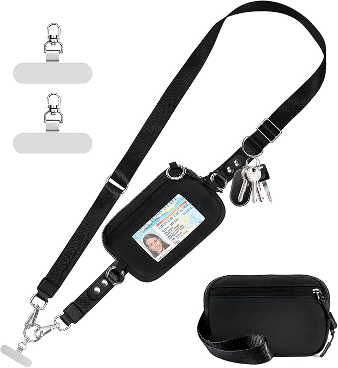 Tiostep Clip and Go Strap for Phone with Wallet Crossbody Phone Lanyard Adjustable and Detachable RFID Wristlet Wallet with ID Window and Zippered, Black