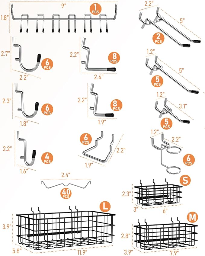 INCLY 100PCS 1/4 Inch Extra Thick Pegboard Accessories Kit with 3 Baskets | Heavy Duty Metal Peg Board Hook Assortment, 3 Sizes Basket S/M/L, Fit 1/4 Inch Pegboard, Garage Wall Organizer Hanging Tools