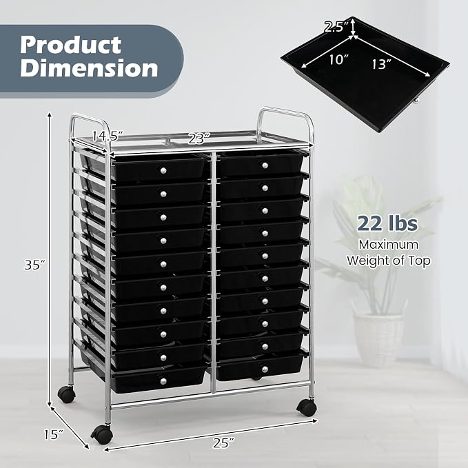 RELAX4LIFE 20 Drawer Rolling Storage Cart, Mobile Rolling Cart w/Drawers for School Classroom Teacher Office Home Salon, Paper File Art Supply Craft Organizer, Utility Cart on Wheels (Black)