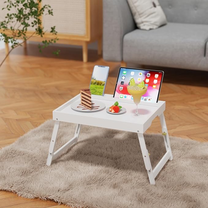 Artmeer Adjustable Bamboo Bed Tray Table with Device Slot, Large, White | Adjustable FSC-certified bamboo bed tray with device slot, folding legs and handles for meals, laptops and reading in bed.