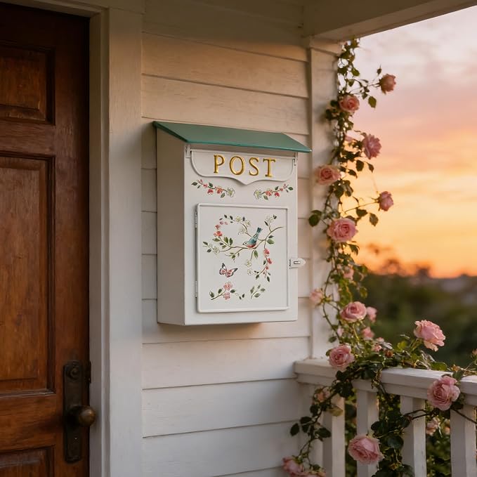 Mailbox Wall Mount Mailboxes for Outside Vintage Mail Boxes for House Outside Metal Drop Box Antique Style Nostalgic Charm Home Decorative, Flower Pattern, White