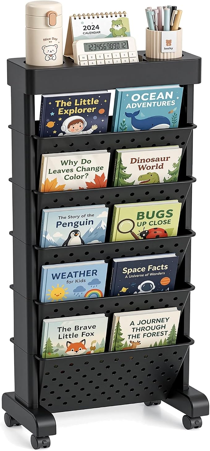 BYFU 6-Tier Rolling Bookshelf Cart, Black | Movable with Wheels, File Paper Storage Organizer, For Home Office Study Classroom