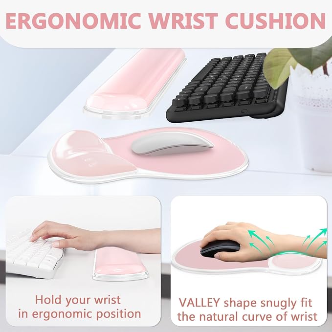 AKIT Ergonomic Mouse Pad with Wrist Rest&Keyboard Wrist Rest Set, Gel, Pink | Wrist Support for Computer Keyboard, Non-Slip PU Base, Pain Relief, Typing Comfort, Mousepad for Gaming, Office, Home