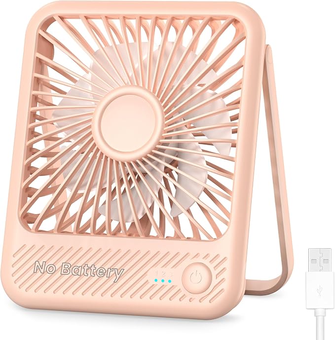 Koonie USB Desk Fan, Strong Wind Ultra Quiet Small Mini Fan | 180° Tilt Folding & 3 Speeds Adjustable, USB-C Corded Powered Personal Fan for Office Desktop Bedroom, Pink, NO BATTERY