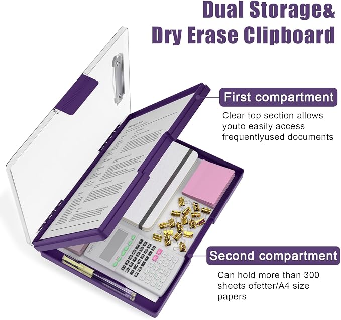 Hongri Clipboard with Storage, Purple 8.5 x 11 Clip Board, Dual Compartmen | Folder Nursing Side Opening, Heavy Duty Organization Box, Smooth Writing for Teachers, Classroom, Size 13.3 x 9.4 x 1.5 in