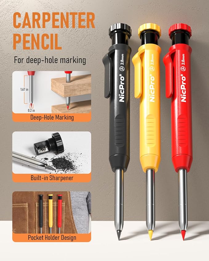 Nicpro 28 Pack Carpenter Pencil Set with Sharpener, Canvas Case | Mechanical Carpenter Pencils + 127PCS Refill, Carbide Scribe Tool, Heavy Duty Construction Pencils for Architect Woodworking