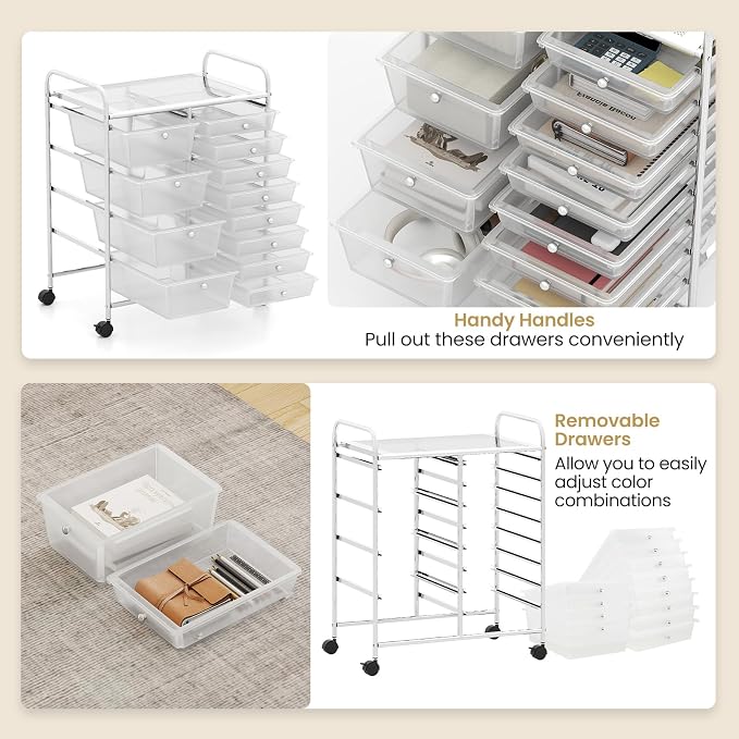 12 Drawer Rolling Storage Cart, Rolling Cart with Drawers for Classroom, Art Supply Craft Organizer on Wheel with Metal Frame & Handles for Home Office School (Clear, 12 Drawer Left-Right)
