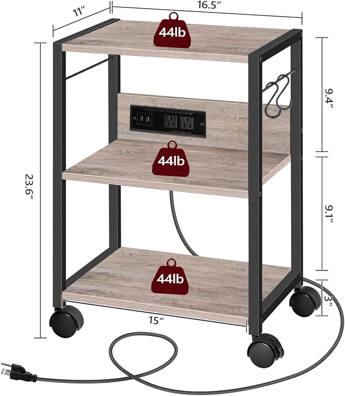 MAHANCRIS Industrial Printer Cart, 3-Tier Mobile Printer Stand, Rolling Cart with Power Outlets and USB Ports, Home Printer Stand with 2 Hooks, for Office, Living Room, Greige PTHG40E01
