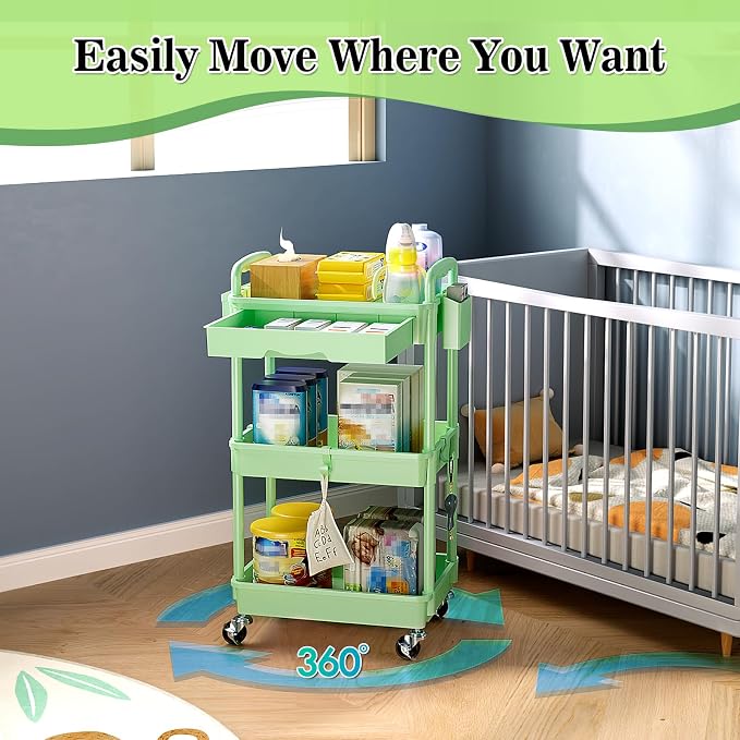 SUNALLY 3 Tier Rolling Cart with Drawer, Craft Storage Cart Organizer,Green | Bathroom Storage Organizer with 2 Lockable Wheels, Rolling Utility Cart for Kitchen, Office, Baby, Makeup, Nail,Snack,Laundry