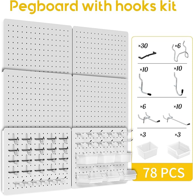 Steel Pegboard Tool Wall Organizer, 6 Pack 14.76 x 10.82 in, 6 Bins, White | 6 clear storage bins organize screws and small parts; 36 hooks and 30 peg locks keep garage tools sorted and easy to reach.