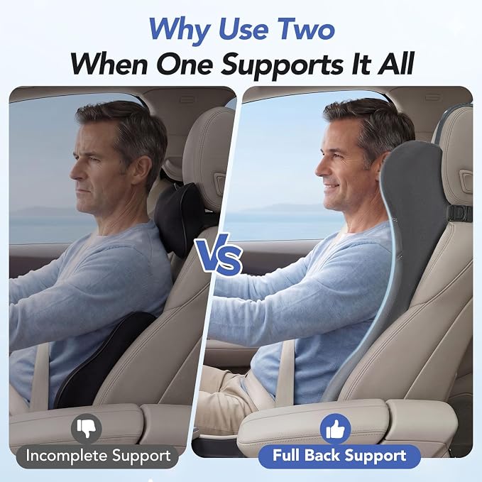 Lumbar Support Pillow for Car with Headrest, Memory Foam Cushion for Back & Neck Support, Muscle Fatigue Relief, Full-Length S-Curve Support for Long Drives, Fits Cars, SUVs, Trucks