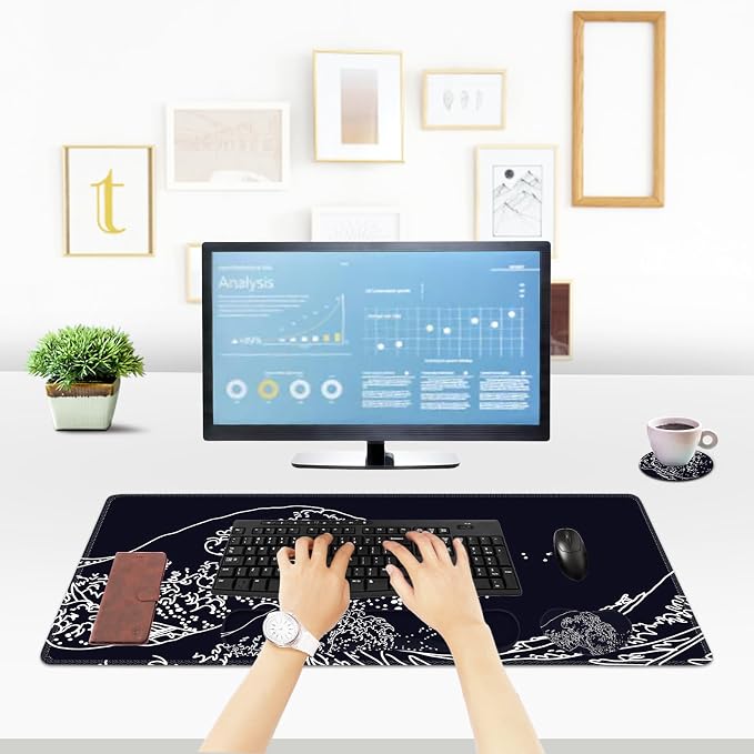 ToLuLu Extended Gaming Mouse Pad, Memory Foam Ergonomic Keyboard Mouse Wrist Rest Support Set, Large Desk Mat with Stitched Edges, Non-Slip Base Mousepad for Home Office Game, Black Wave of Kanagawa