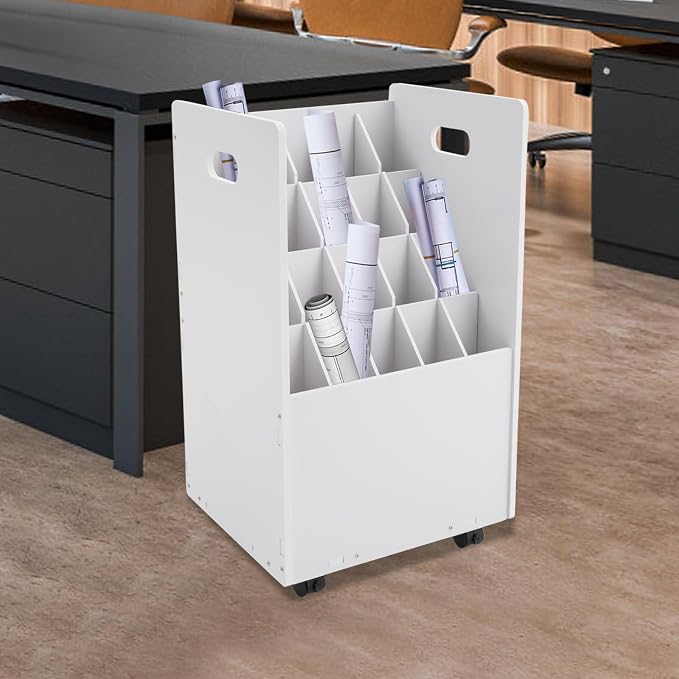 Blue Print Storage Organizer with Wheels, 20 Slots Mobile Blueprint Storage Rack Cart, Construction Plan Holder Roll Files Cart Map Poster Storage Cabinet for Office Home School, White