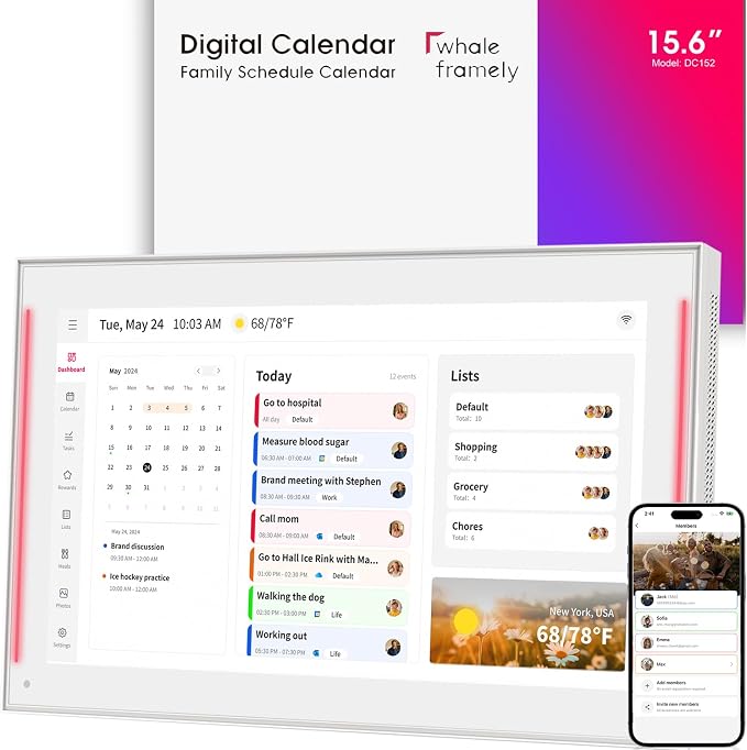 DXMART 15.6 inch Smart Digital Calendar & Chore Chart, LED Reminder Light, Wall & DeskMount - Smart Family Planner for Daily Schedules, Meal Planning, and Household Organization, Digital Photo Frame Functon
