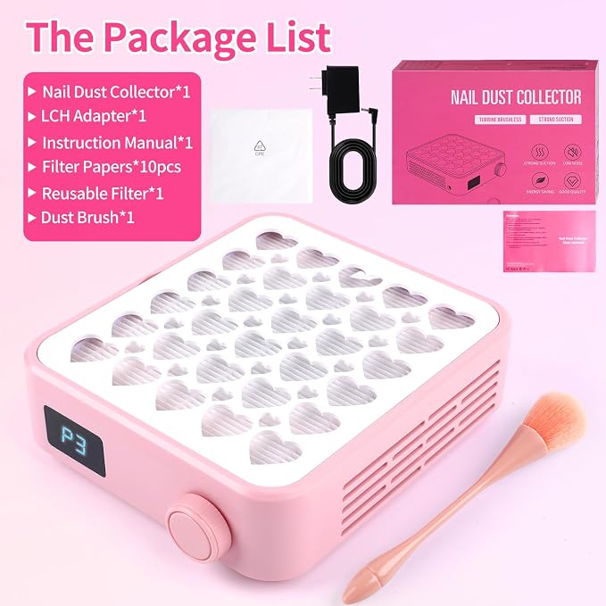 BQAN Portable Nail Dust Collectorwith 4200RPM Fan for Acrylic Nail Pink | 10pcs Filter Papers & Nail Brush Include | Strong Suction | Adjustable Speed | For Acrylic & Gel | Professional & Home Use