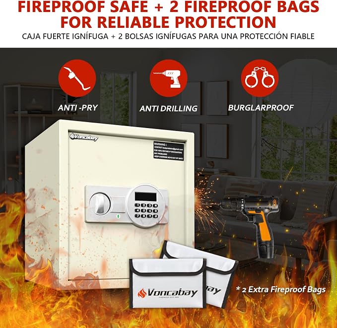 Voncabay Money Safe Box for Home with Digital Keypad, 1.5 Cu. Ft., White | Alloy Steel, 2 Fireproof Bags, Digital Keypad with Display, Removable Shelf, Alarm System, 14 x 13 x 13 In.