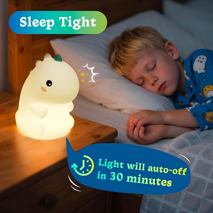 Dinosaur Night Light for Kids, Rechargeable Portable Nightlight, Soft Silicone Touch Night Lamp with 3 Levels Dimmable, Cute Lamp for Nursery, Baby, Kids and Adults Room Decor