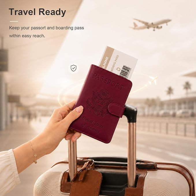 Passport Holder with Air-Tag Slot RFID Blocking Leather Travel Wallet | Multiple Card Compartments, SIM Card Access, Compact Carry Design, Flight Ready Essentials for Men & Women, Red