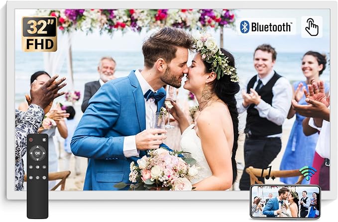 BSIMB 32 Inch Large Digital Picture Frame, Touchscreen 64GB 1920x1080 FHD WiFi Photo Frame Electronic Display Remote Control, Share Pictures/Videos via Free App/USB/SD Easy Setup Gifts for Mom, White