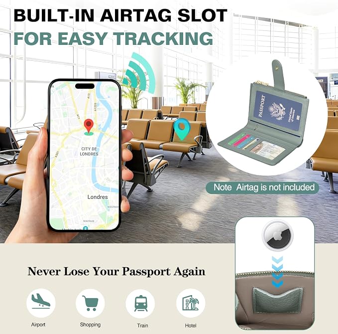 RFID Passport Holder for Travel, Leather Passport Wallet Cover with Airtag | with Airtag Slot, Card Cash Holders, Zippered Coins Pocket, for Women/Men, Gift Box, Travel Essentials, 4.1"L x 1"W x 6.3"H
