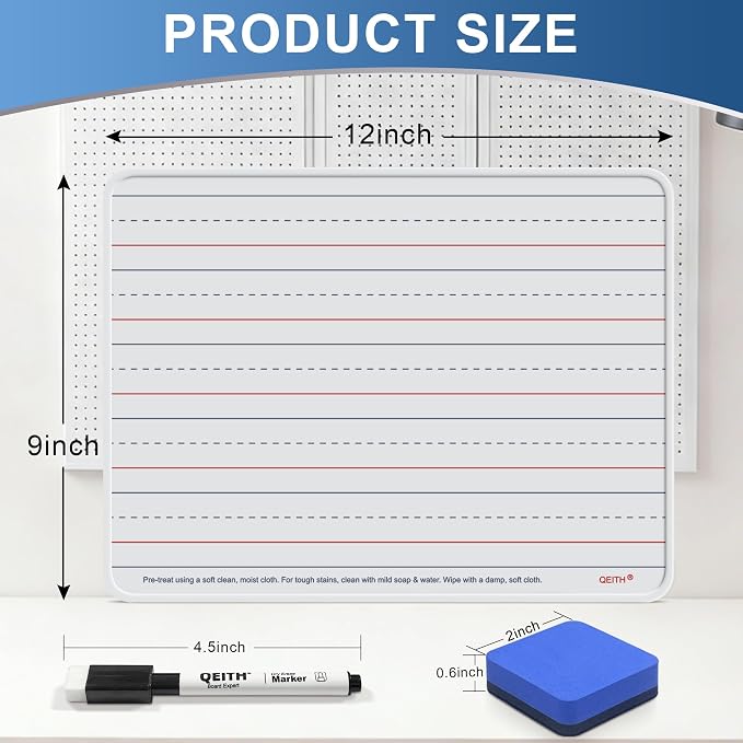 Dry Erase Boards, 12 Pack 9”x12” Magnetic Double Sided Portable Personal Small Whiteboards with Lines, Include 12 Markers, 12 Erasers, 12X52 Foam Letters for Kids, Students, Teachers Classroom School